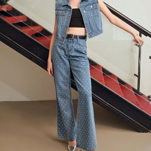 Blue Women's Rhinestone Detail Wide Leg Jeans - Picture 4 of 7